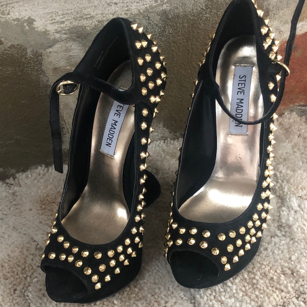 Steve Madden Black Suede Peep-Toe Heels with Gold Studs